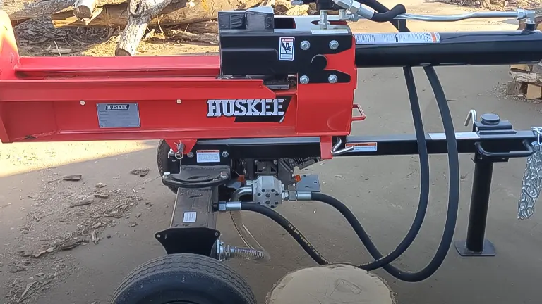 Close-up of a red Huskee 209cc Engine 20T Log Splitter with visible controls and towing mechanism