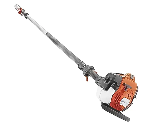 Telescopic pole saw with an orange and grey engine housing and extended cutting arm