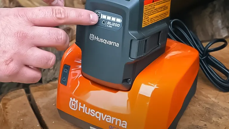 Person pointing to a battery on a Husqvarna device