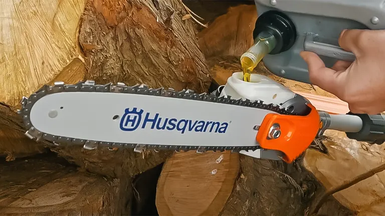 Oil being added to the chain of a Husqvarna pole saw