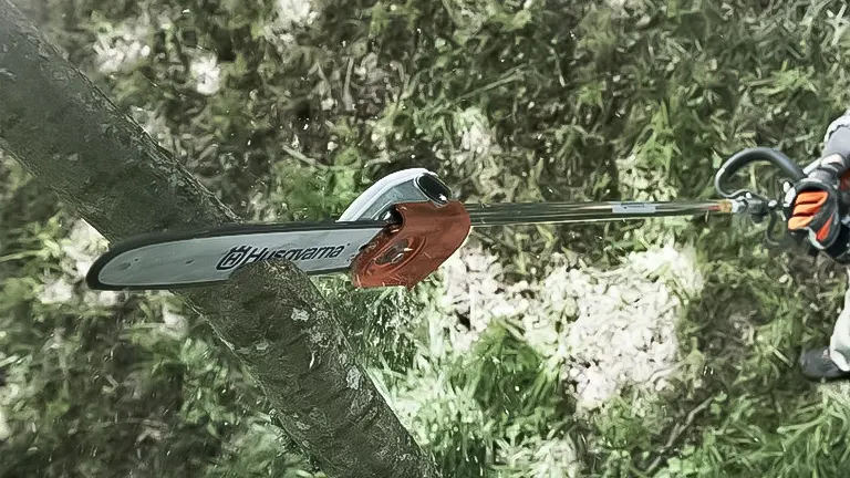 Husqvarna telescopic pole saw cutting through a tree branch