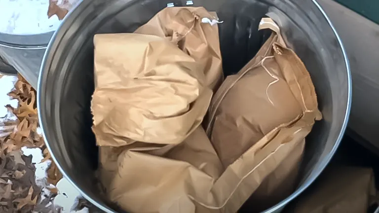 Paper bags filled with food scraps inside a metal container for chicken feed