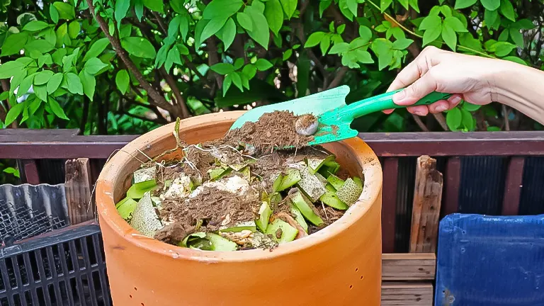 Hand adding compost material to a pot, illustrating kitchen waste recycling for chicken feed