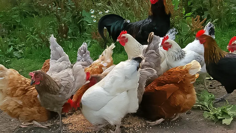 A diverse flock of chickens foraging on the ground, exemplifying a free feeding strategy