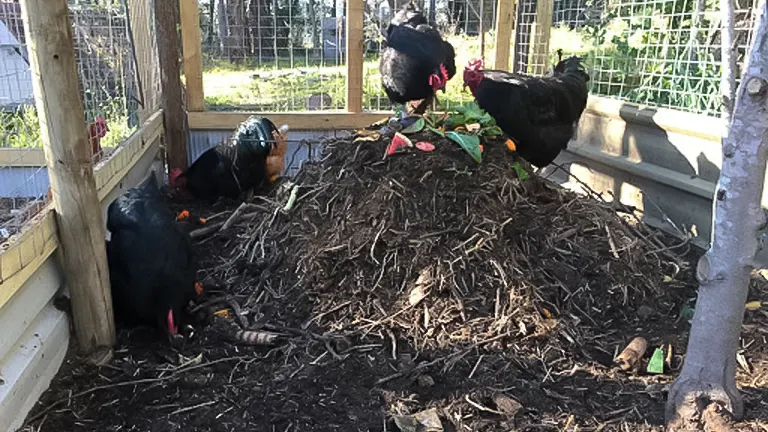 Chickens pecking at a compost pile scattered with vegetable scraps inside a coop