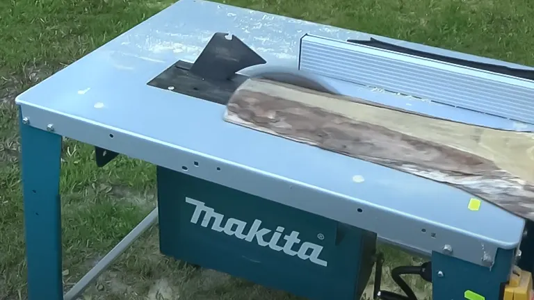 Makita 2712 table saw with a wood plank on it, highlighting the blade guard and the saw's blue and silver body