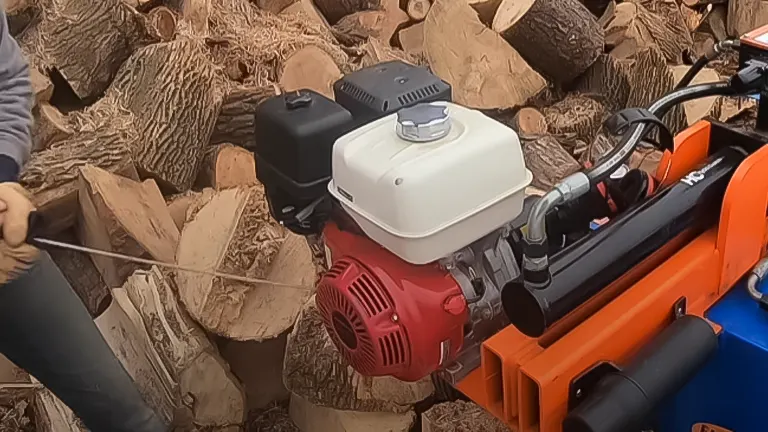 Gas engine of a log splitter with woodpile in the background