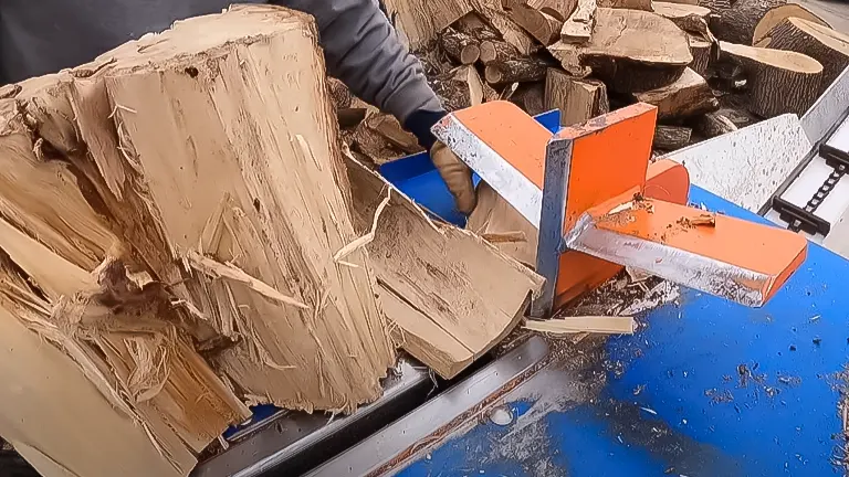 Large log jammed in a log splitter with a person attempting to unstick it