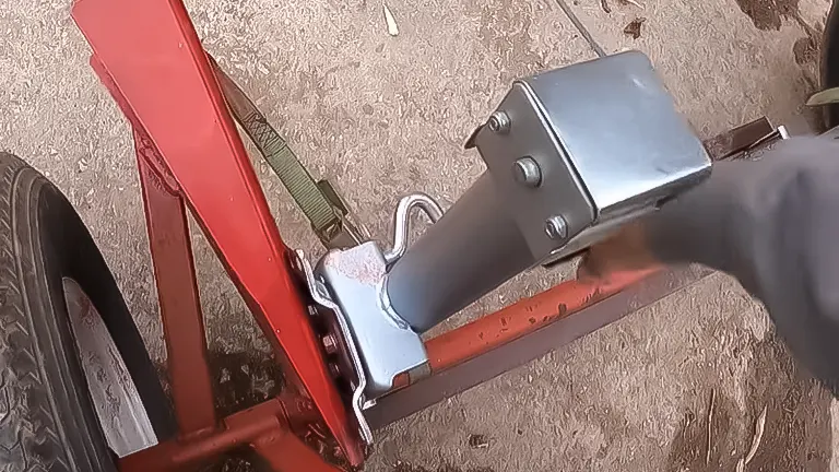 Adjustable wheel jack attached to a red log splitter frame