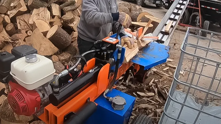 Individual operating a log splitter with a jammed log, surrounded by a woodpile