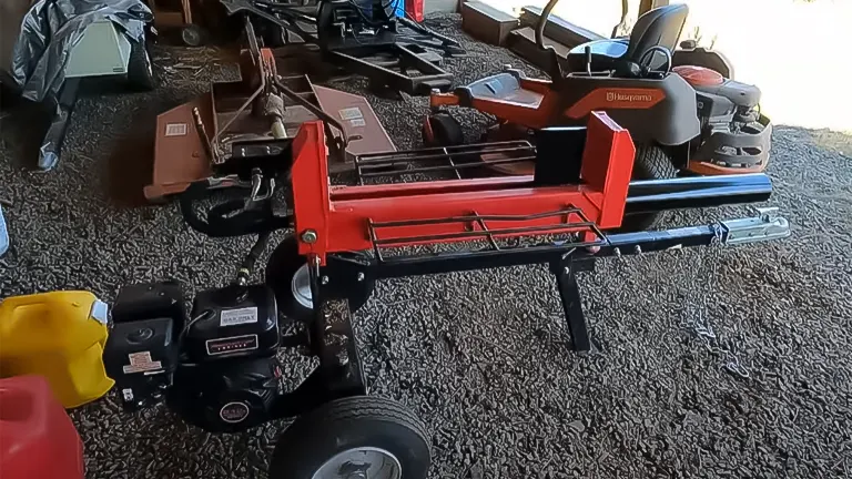 Red log splitter and outdoor power equipment in storage
