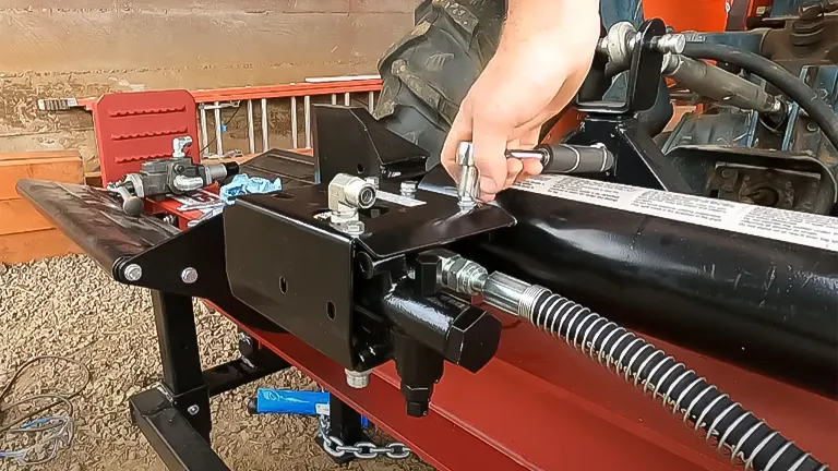 Individual tightening a bolt on a log splitter beam