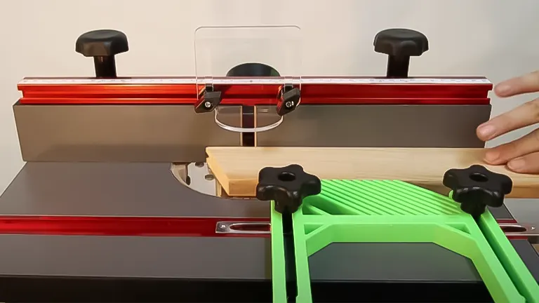 Hand guiding a piece of wood through a benchtop router table with a red fence and clear guard