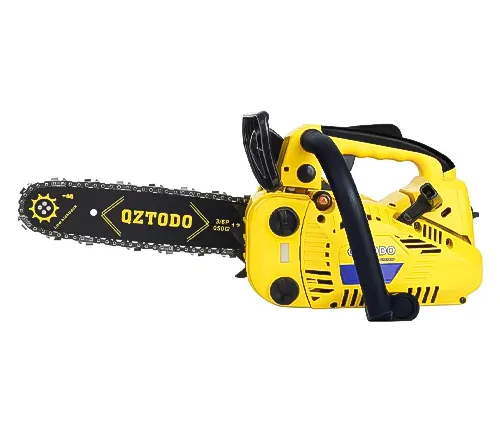 Yellow QZTODO 25.4CC gas-powered chainsaw with a black handle and chain guard