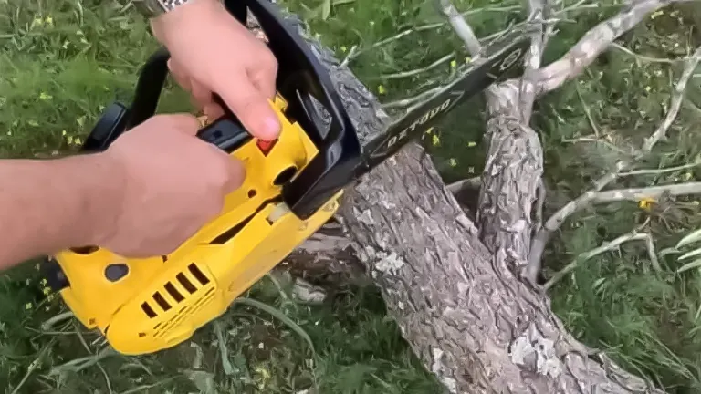 Person cutting a tree branch with a yellow and black QZTODO 25.4CC 2-stroke gas-powered chainsaw