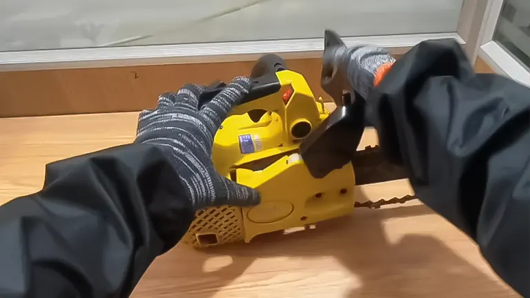 Hands in protective gloves holding a yellow QZTODO 25.4CC 2-stroke gas-powered chainsaw indoors