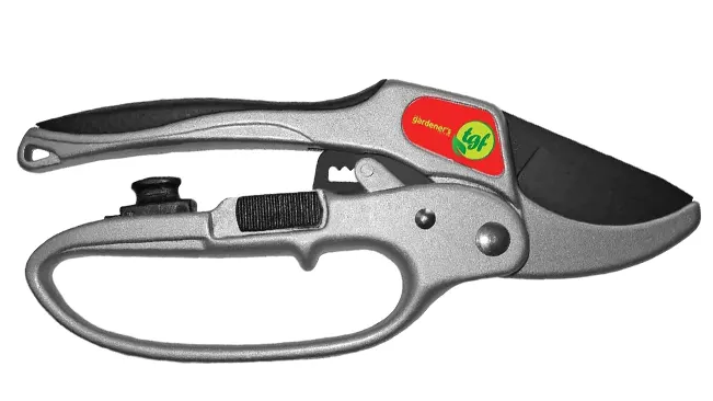 Handheld Ratchet Pruning Shears by The Gardener's Friend with a brand label from The Gardener's Friend.