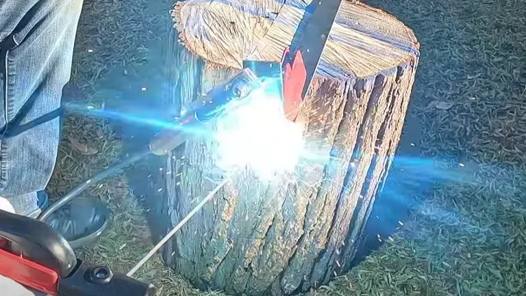 Person welding a metal piece on a log with bright blue welding arc visible