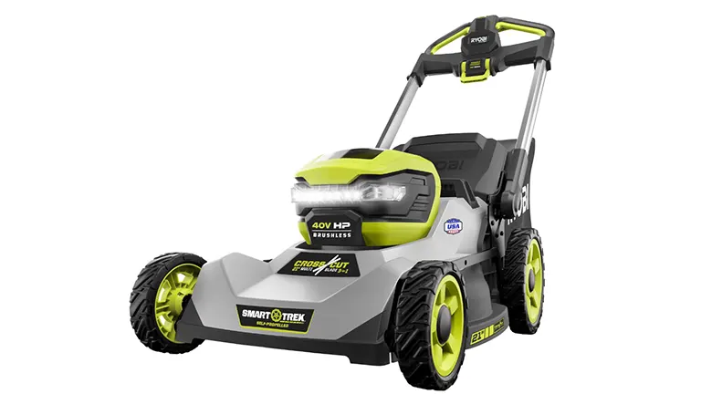 Best Lawn Mower for the Money 2024 - Ryobi 21-inch Dual-Blade Self-Propelled Mower on a white background