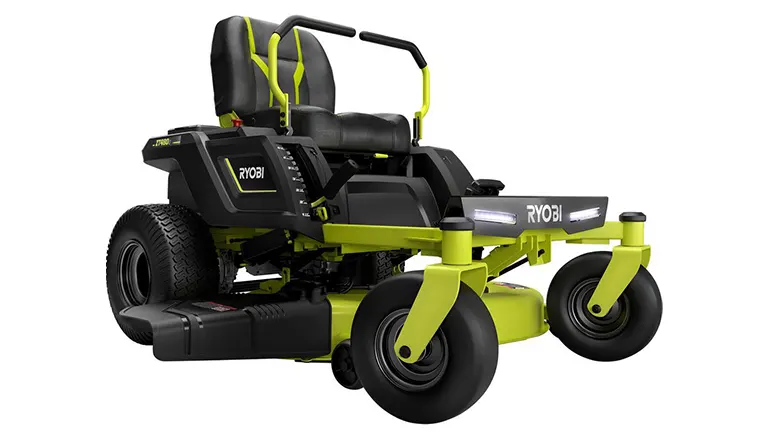 Best Lawn Mower for the Money 2024 - Ryobi Brushless 42-Inch Electric Zero Turn Riding Mower on a white background