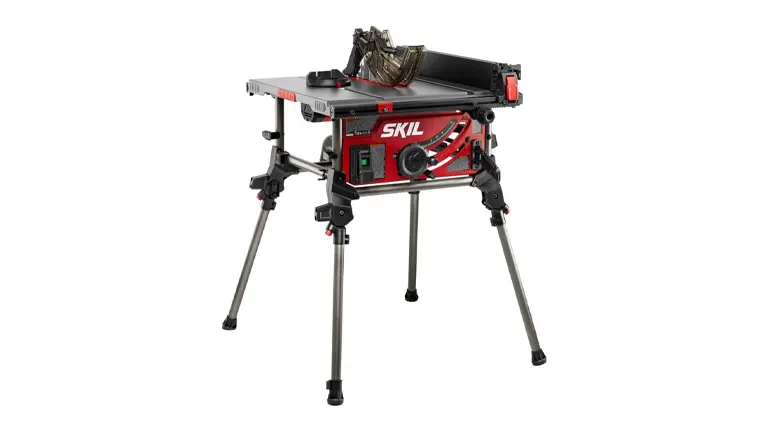 Portable SKIL 15 Amp 10 Inch Jobsite Table Saw mounted on a collapsible stand