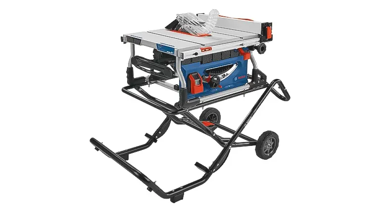 BOSCH GTS15-10 10 Inch Jobsite Table Saw on a wheeled stand with gravity-rise design