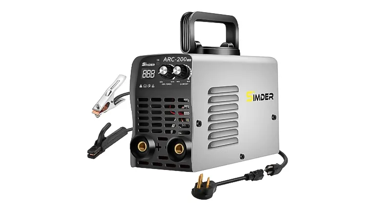 Silver SSIMDER Mini ARC200 welder with digital display, ground clamp, electrode holder, and power plug