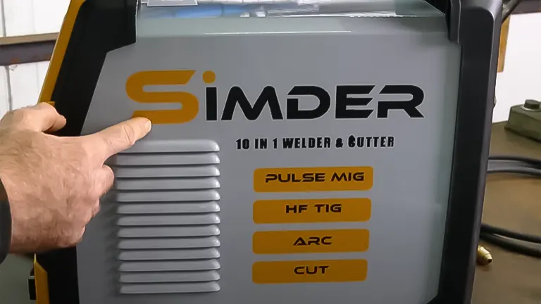 Close-up of the SSimder SD-4050 PRO's side panel with feature labels for PULSE MIG, HF TIG, ARC, and CUT