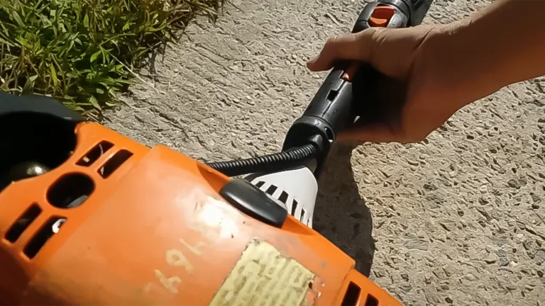 Person holding the handle of a STIHL HT 101 pole saw, highlighting the throttle control and shaft detail