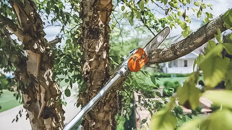 STIHL HT 135 pole saw extended into a tree for pruning