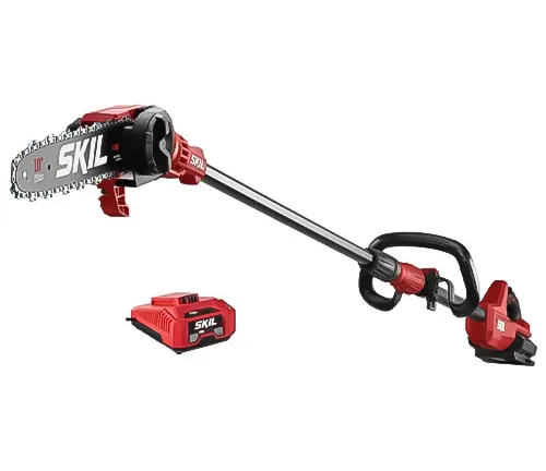Red and black SKIL PS4561C-10 40V pole saw with brushless motor, alongside its battery and charger