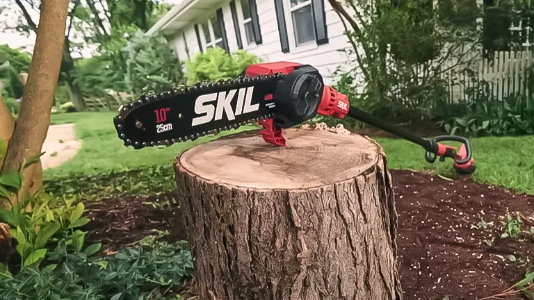 SKIL PS4561C-10 pole saw resting on a tree stump in a residential garden