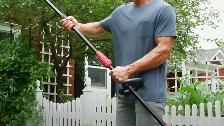 Person using a SKIL PS4561C-10 pole saw with extended handle in a residential yard