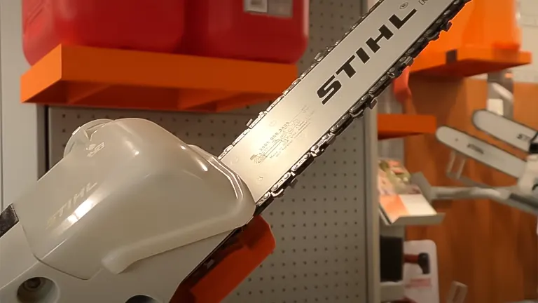 Close-up of the chain and blade of a Stihl HTE 60 pole saw in a retail setting