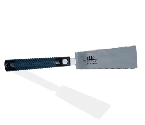 Japanese Ryoba pull saw with a 7-inch blade and a black handle, on a white background