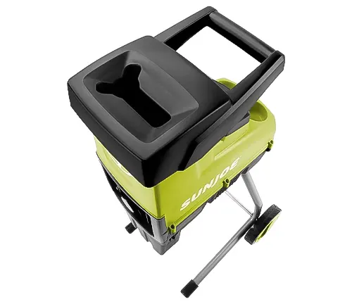 Green Sun Joe CJ603E electric wood chipper with a black hopper and frame, featuring a handle and wheels