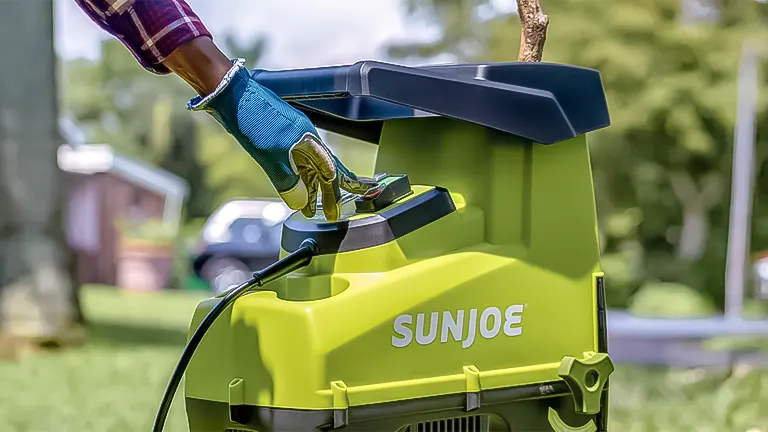 Person using a Sun Joe CJ603E wood chipper to shred a branch, with the focus on the machine and the gloved hand feeding