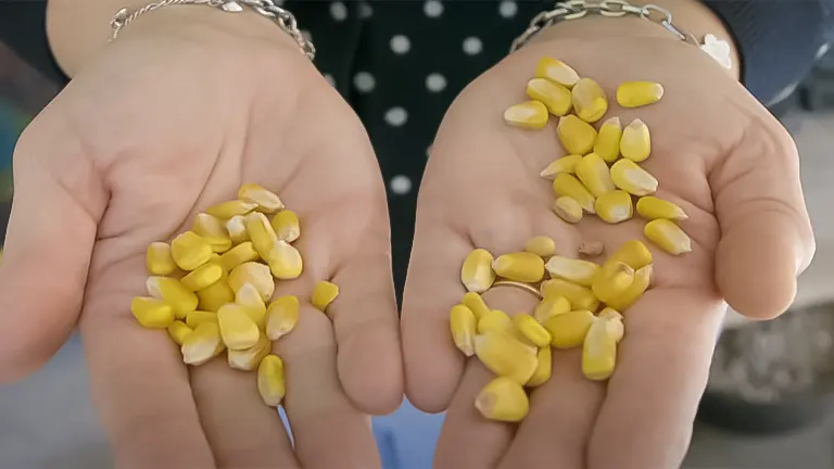 Hands holding a handful of yellow corn kernels