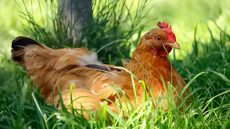 A brown chicken with a red comb resting in green grass