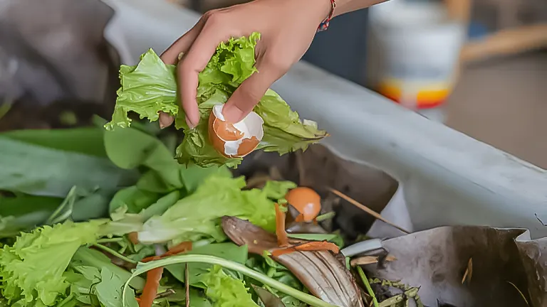 A hand holding lettuce and a broken eggshell over a compost bin with kitchen scraps