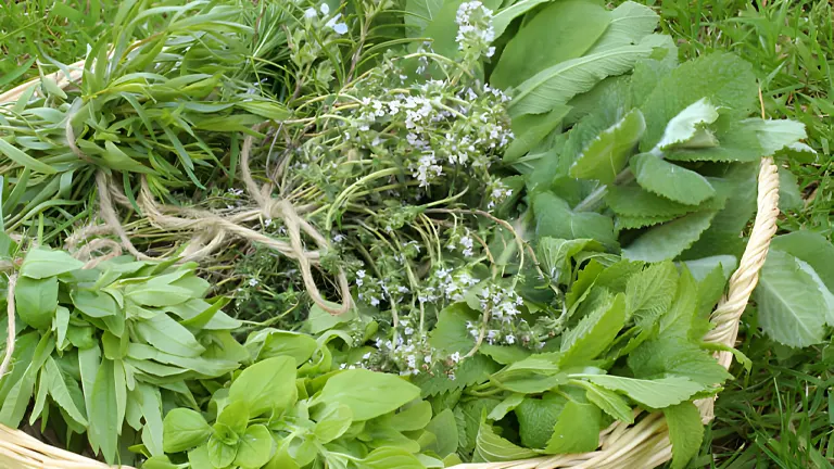 A basket filled with a variety of fresh garden herbs and greens on a grassy