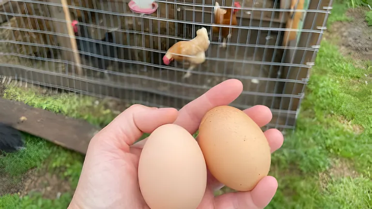 Two fresh eggs held in hand in front of a chicken coop with chickens visible
