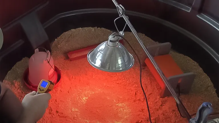A chicken Hatchery brooder setup with a heat lamp, thermometer in use, and feeder
