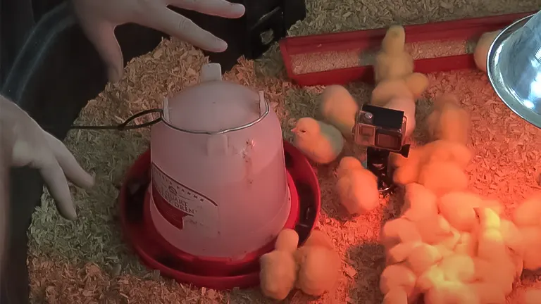 Chick brooder with a water dispenser, feed trough, and many chicks under a heat source