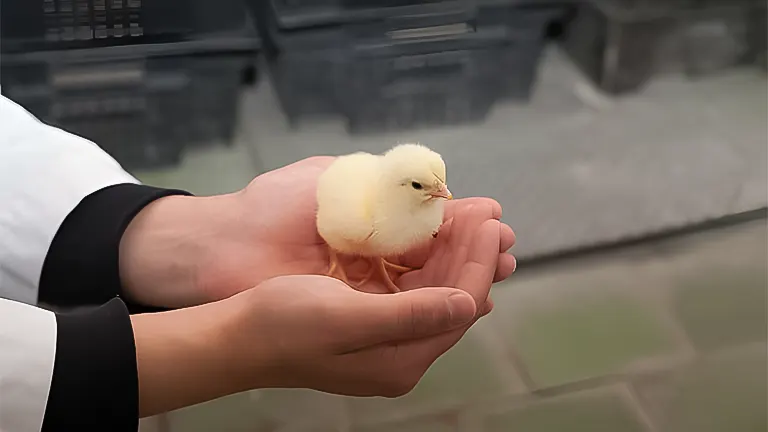 A person's hands gently holding a small yellow chick