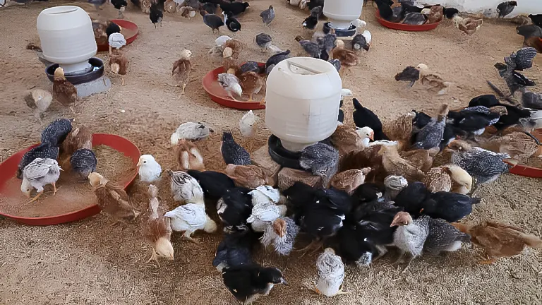Chickens feeding in a farm enclosure with feeders