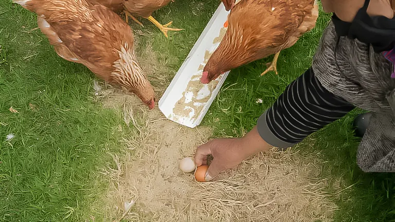 Hand collecting eggs near feeding chickens on grass