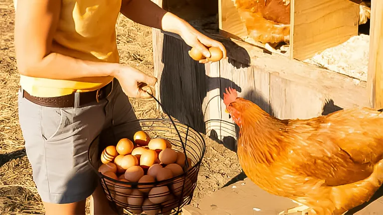 Person collecting eggs from a chicken coop