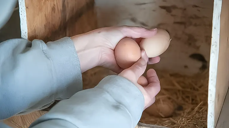 Hands collecting eggs from a nesting box
