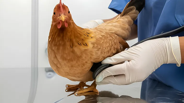 A chicken being examined by a veterinarian